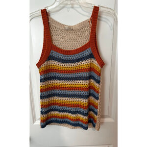Hem & Thread S Beige Multi-Stripe Crochet Knit Tank Top